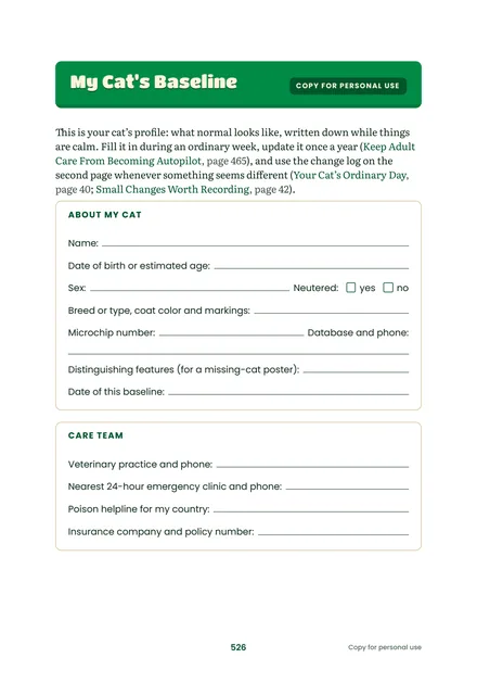Page 526: the printable My Cat's Baseline sheet from the toolkit